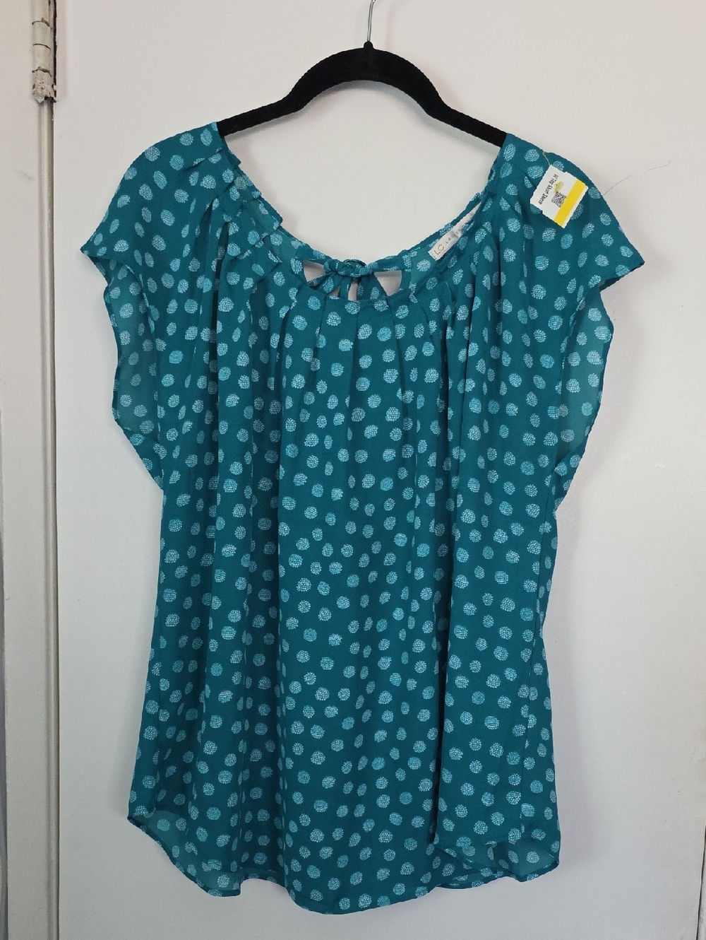 LC Lauren Conrad Teal Polka-Dot Cap Sleeve Blouse with Tie